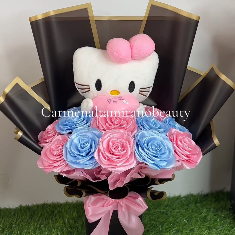 Hello Kitty Plush with Pink and Blue Rose Bouquet